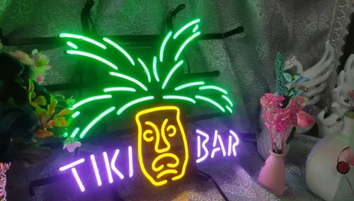 Miniatura 2 de Tiki - Letrero de neón con marco de barra de 17 x 13 pulgadas, luz de neón de cristal real para bar de cerveza, pub, garaje, habitación