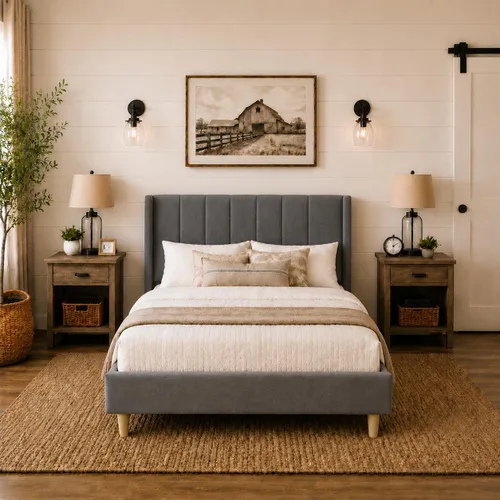 Miniatura 17 de Upholstered Bed Frame with Wingback Headboard and Wood Slats (Beige-Linen, Twin)