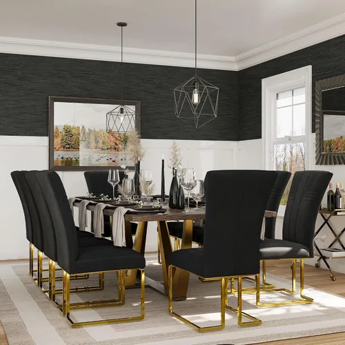 Miniatura 7 de AUZ Juego de 6 sillas de comedor negras y doradas, sillas tapizadas de terciopelo negro con patas de trineo de acero inoxidable pulido, sillas