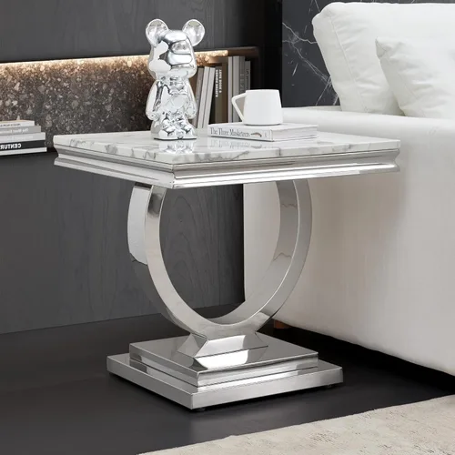Miniatura 48 de SSLine Mesa de Centro Rectangular de Mármol Sintético para Sala de Estar, Mesa Central Moderna de Mármol Blanco de Lujo con Base Doble en Forma de U