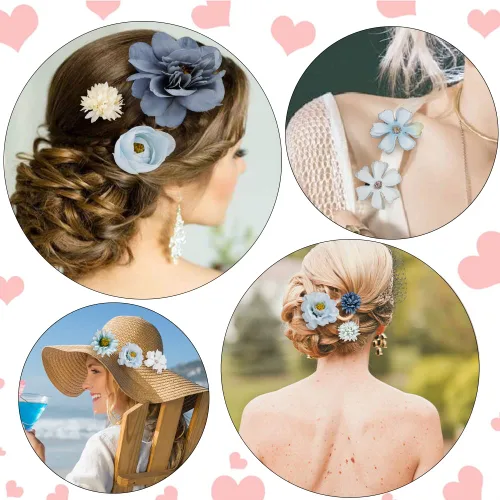 Miniatura 2 de Ahoney 12 pinzas para el cabello con flores bohemias para mujeres y niñas, múltiples flores artificiales hawaianas de gasa, accesorios para el Azul