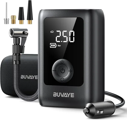 BUVAYE Inflador de neumáticos, compresor de aire portátil, bomba de aire portátil de 150 PSI, bomba de aire inalámbrica de 12 V CC con indicador de