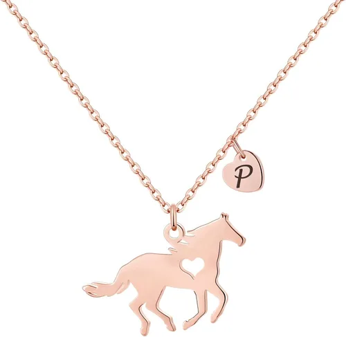 Miniatura 48 de MONOOC Collar de regalo para niñas con colgante de caballo - Collar de caballo delicado de acero inoxidable con corazón, 26 iniciales de la A a la Z