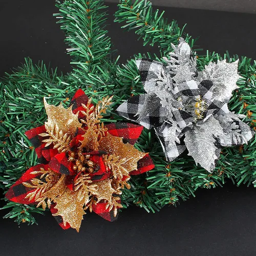 Miniatura 4 de 24 flores de Pascua de Navidad de 4.7 pulgadas con purpurina roja búfalo a cuadros de flores de nochebuena para adornos de árbol de Navidad