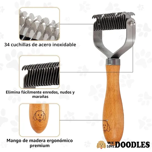 Miniatura 7 de Peine de desenredar para mascotas para perros y gatos con mango de madera, rastrillo de subpelo para perros con cuchillas de acero inoxidable, peine