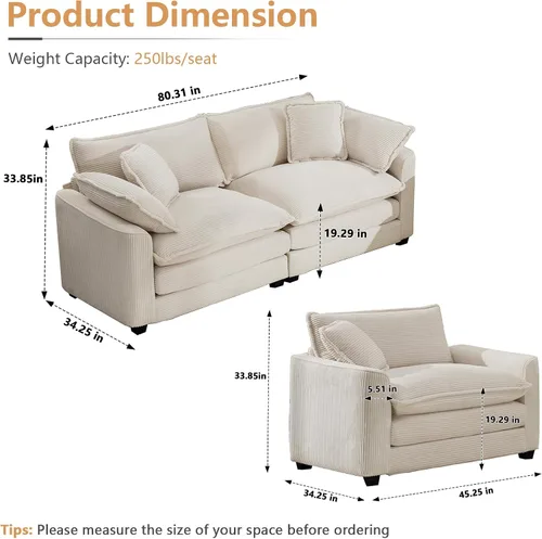 Miniatura 2 de Juego de sofá de 2 piezas de gran tamaño para sala de estar, sofá biplaza y sofá individual, asiento modular modular profundo de pana cómodos sofás