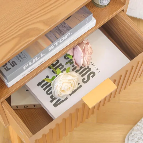 Miniatura 7 de AWASEN Mesita de noche acanalada, mesita de noche moderna de mediados de siglo con cajones de almacenamiento, mesita de noche de madera maciza