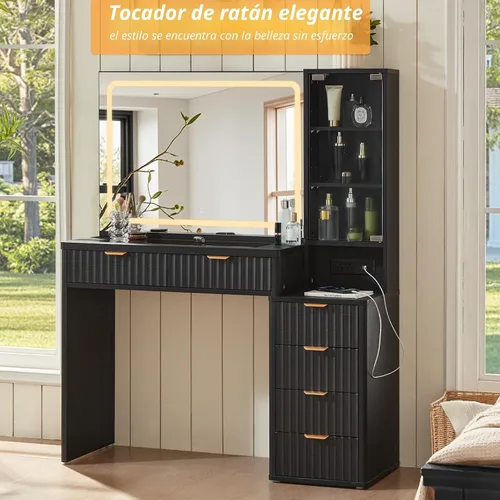 Miniatura 3 de LEYAOYAO Escritorio de tocador con espejo y luces, tocador de maquillaje acanalado de 43.5 pulgadas con 6 cajones y estantes ajustables, tocador