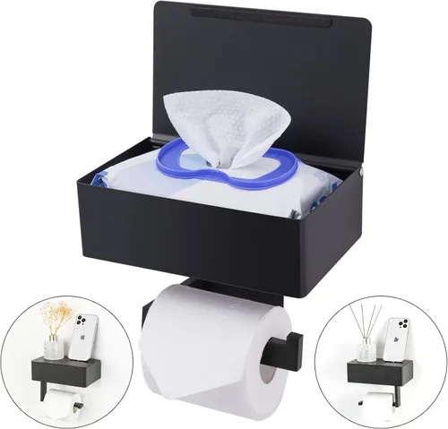 Soporte de papel higiénico adhesivo con estante y almacenamiento, juego de soporte de rollo de papel higiénico montado en la pared y dispensador de