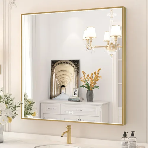 Miniatura 52 de Espejo de baño LED de 24x32 pulgadas con luces, espejo LED con marco de metal negro para baño, 3 colores y luz regulable sin escalones montada