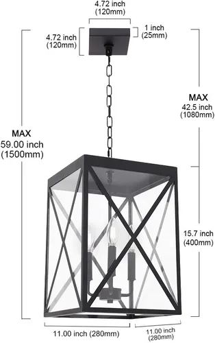 Miniatura 7 de MELUCEE Lámpara de araña de 3 luces para exteriores, linterna negra para interiores, lámpara colgante de techo exterior con vidrio transparente