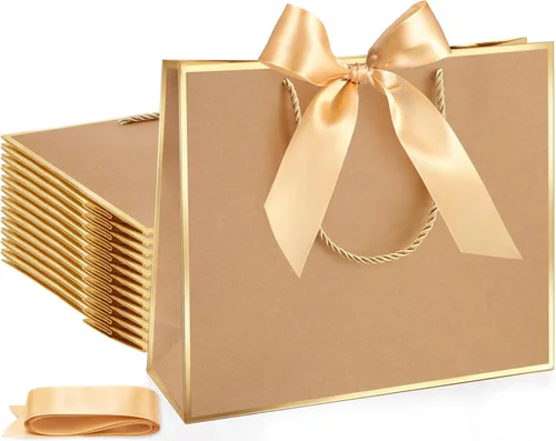 Miniatura 16 de Silkfly 12 bolsas de regalo con asas para dama de honor, 12 x 10 x 4 pulgadas, elegantes bolsas de regalo de bienvenida de boda con lazo para Rosa