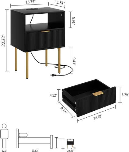 Miniatura 2 de Aienvey Mesita de noche con estación de carga, mesa auxiliar pequeña, mesita de noche moderna con cajones, mesita de noche para dormitorio, mesa