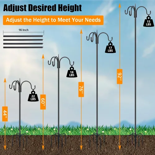 Miniatura 3 de FEED GARDEN Gancho de pastor doble ajustable para exteriores con base de 5 puntas de 63 pulgadas, poste resistente de comedero de pájaros de dos