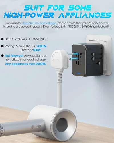Miniatura 4 de Adaptador de viaje universal, carga rápida PD de 35 W y 2 USB C 3 USB A y salida de CA de 2500 W, adaptador de corriente internacional para Europa