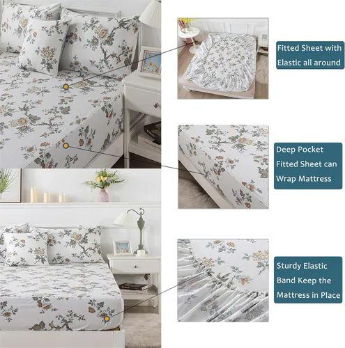 Miniatura 5 de FADFAY Elegante juego de sábanas con estampado de pájaros beige desgastado, 100% algodón, ultra suave, para niñas, con bolsillo profundo, 4 piezas