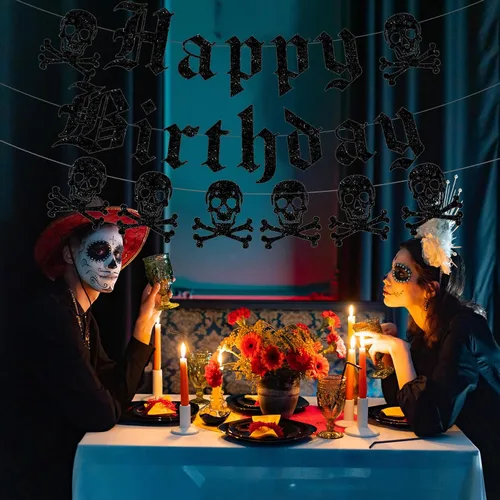 Miniatura 4 de Cartel gótico de feliz cumpleaños, guirnalda de calavera inglesa antigua con purpurina negra, divertida pancarta de cumpleaños funerario para fiesta
