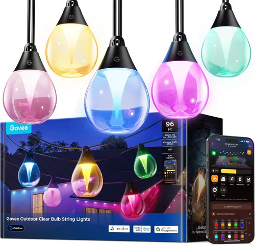 Govee Guirnalda de luces transparentes para exteriores, 96 pies, RGBWIC regulables, luces de patio y patio trasero con 30 bombillas LED, 111 modos,