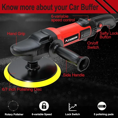 Miniatura 2 de AOBEN Pulidora de amortiguación de 6/7 pulgadas, amortiguador rotativo para automóvil, kit de pulidora y encerado de 1600W con 6 velocidades