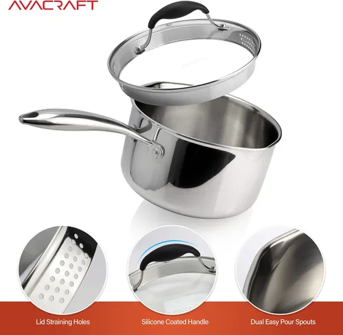 Miniatura 5 de AVACRAFT Cacerola de acero inoxidable de tres capas con tapa coladora de vidrio, dos picos vertedores laterales, cacerola multiusos con tapa, olla