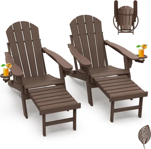 Miniatura 27 de GREENVINES Sillas Adirondack con Otomano Juego de 2 Grano de Madera Plegable Reposapiés Retráctil Plástico HDPE Silla para Hoguera Todo