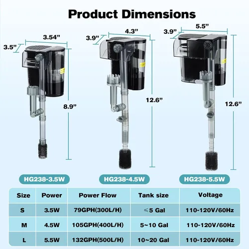 Miniatura 7 de hygger Filtro de acuario para colgar en la parte posterior, sistema de filtración de cascada de filtro de pecera, flujo de agua ajustable