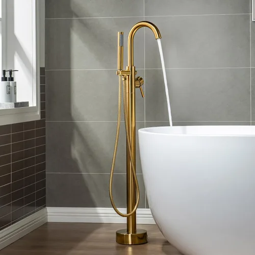 WOODBRIDGE Grifo de llenado de bañera independiente contemporáneo de una sola manija con ducha de mano en acabado dorado cepillado, F0007BGRD