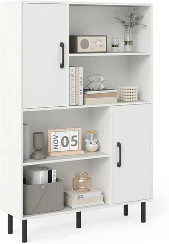 Miniatura 12 de Giantex Armario de almacenamiento de 47 pulgadas con puertas, estantes abiertos, dispositivo antivuelco, estantería de 4 niveles para libros