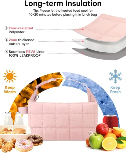Miniatura 4 de Bolsa de almuerzo Elmklare para mujeres y hombres, caja de almuerzo acolchada tipo puffer para mujeres, bolsas de almuerzo con aislamiento a prueba