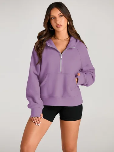 Miniatura 2 de AUTOMET Sudaderas con media cremallera, sudaderas cortas con capucha de forro polar para mujer, sudadera con cremallera de un cuarto, trajes