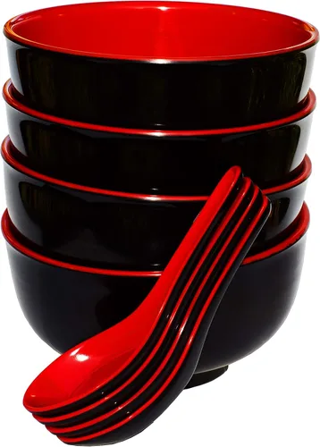 Miniatura 2 de Calvin & Co Juego de 4 cuencos y cucharas de melamina y miso para cereales de 5 pulgadas (pequeño, rojo y negro) 11 onzas líquidas