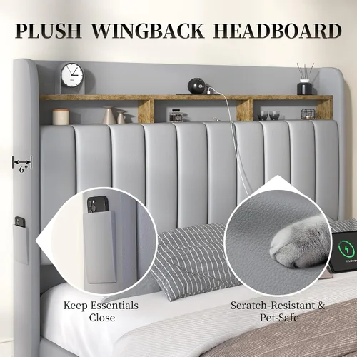 Miniatura 5 de SIBEDS Base de cama Queen con cabecera de almacenamiento de 2 niveles, cama de plataforma Aurora de piel sintética con proyector Galaxy Star, base