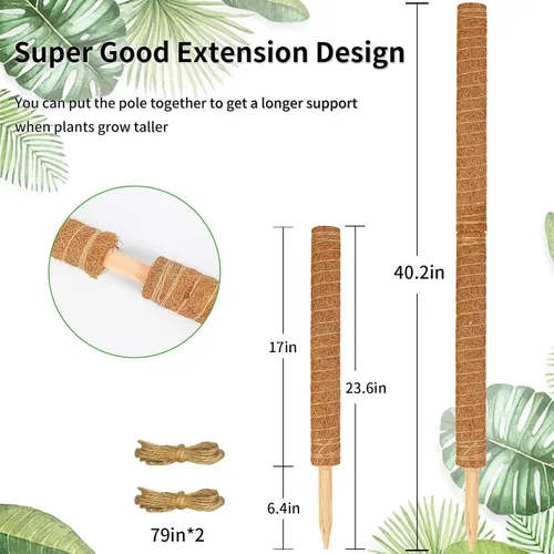 Miniatura 2 de JJGoo Poste de musgo para plantas Monstera, paquete de 2 postes de soporte para plantas de 23.6 pulgadas, poste de tótem de fibra de coco extensible