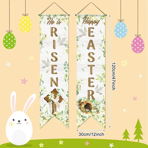 Miniatura 3 de Outus Cartel de feliz Pascua para porche con texto en inglés «He Is Risen» para puerta delantera, decoración de pared para colgar en la pared, fondo