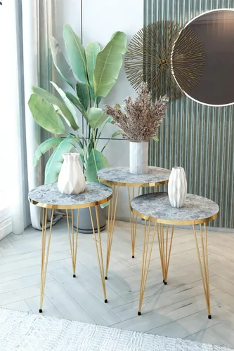 Miniatura 3 de Juego de 3 mesas auxiliares anidadas redondas de madera apilables, mesa de sofá lateral de café con patas de metal para sala de estar, oficina