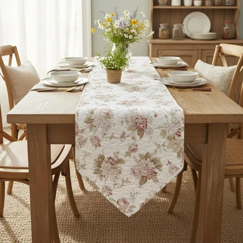 Miniatura 6 de DaDalogy Bedding - Camino de mesa de comedor acolchado floral con rosas de algodón – Bonito tapete decorativo de algodón para el jardín, bar