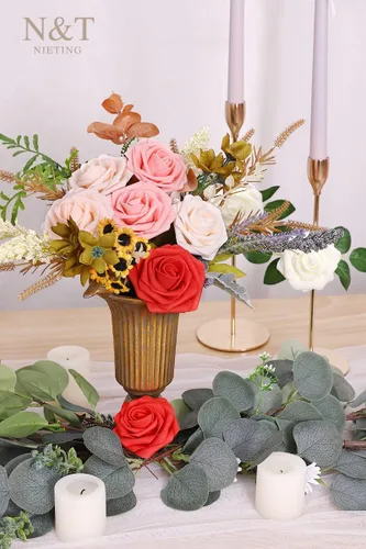 Miniatura 467 de N&T NIETING Flores artificiales, rosas artificiales de color rosa intenso, 50 piezas de flores falsas con tallo para ramos de boda DIY, centros