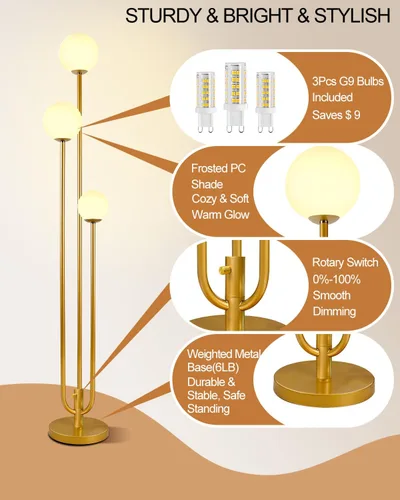 Miniatura 8 de Lightdot Lámpara de pie dorada de 63 pulgadas, regulable, 3 luces, globo LED, con 3000 K, blanco cálido suave para boda/fiesta, portavelas, lámpara