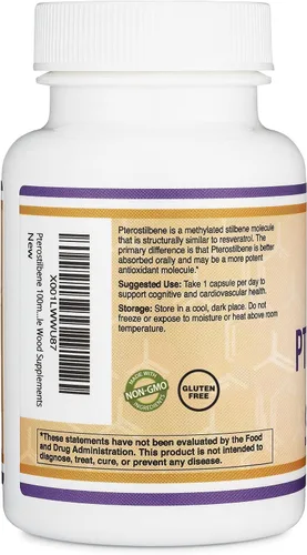 Miniatura 3 de Suplemento de pterostilbeno cápsulas de 100 mg (probado por terceros) 60 cápsulas, superior al resveratrol, antioxidante para apoyo de la longevidad