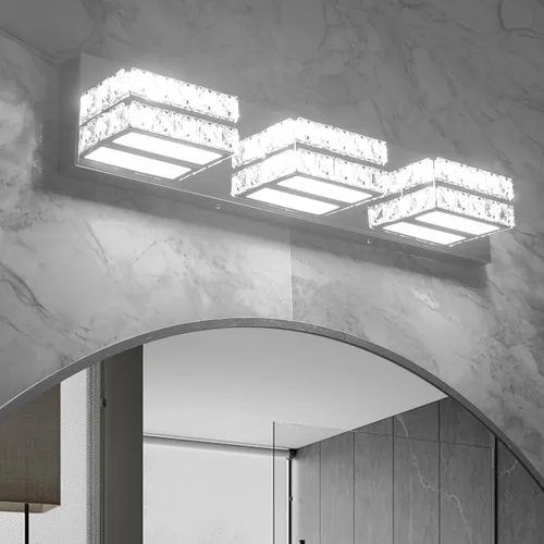 OKELI Lámpara de tocador de cristal para baño, moderna lámpara LED de tocador para baño, lámpara frontal de espejo de cristal de 3 luces, 6000 K