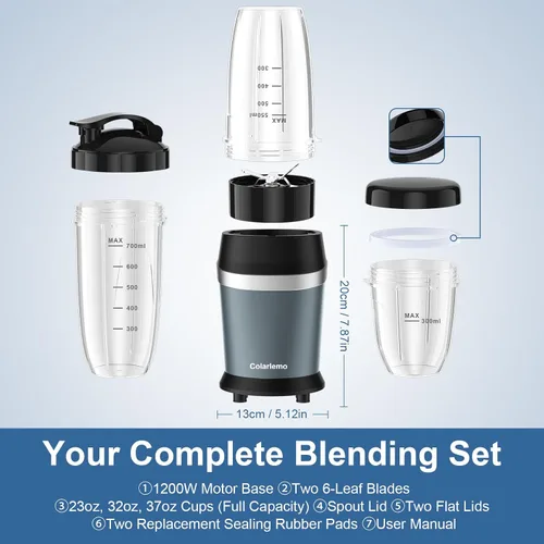 Miniatura 7 de Colarlemo Licuadora personal de 12 piezas de 25,000 rpm, para triturar hielo y bebidas congeladas, nueces con tazas portátiles de 23 onzas, 32 Azul