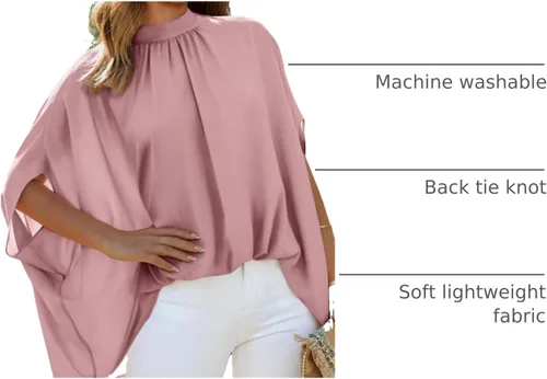 Miniatura 54 de BTFBM Blusas de verano para mujer, cuello alto falso, manga murciélago, holgadas, dobladillo alto y bajo, blusas informales de gran