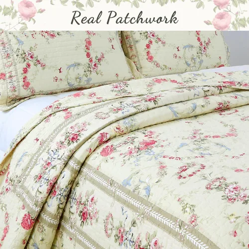 Miniatura 5 de Cozy Line Home Fashions - Juego de ropa de cama reversible de 100% algodón con estampado floral de color caqui, crema y amarillo