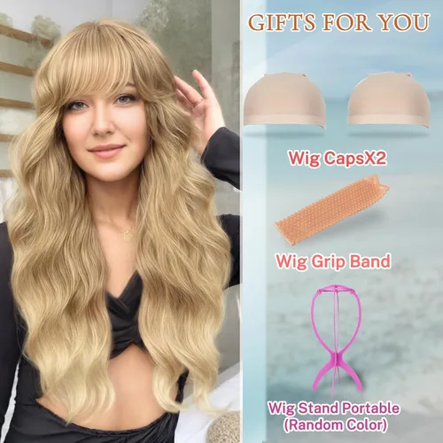 Miniatura 3 de Peluca rubia con flequillo de 26 pulgadas de largo, rizada, ondulada para mujer, pelucas rubias degradadas con flequillo, aspecto natural, pelucas