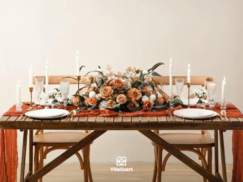 Miniatura 4 de Vitalizart Camino de mesa de estopilla de terracota de 10 pies de gasa estilo bohemo rústico para otoño, camino de mesa para Acción de Gracias