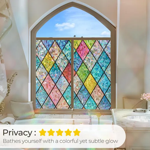 Miniatura 3 de Lámina de privacidad para ventana Windimiley con diseño de vidrio manchado: adhesivo estático decorativo floral 3D arcoíris con control de calor