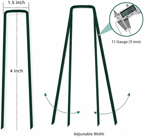 Miniatura 2 de Paquete de 30 grapas galvanizadas verdes de 4 pulgadas, calibre 11, en forma de U, antioxidantes, estacas de jardín para barrera de malezas, tubos