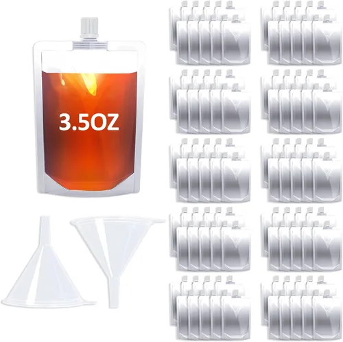 Miniatura 17 de 100 bolsas de bebida de 8 onzas, botella de plástico reutilizable con embudo para beber jugo de bebidas líquidas, bolsas de bebidas de pie para 8OZ