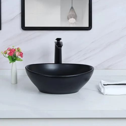 Davivy Fregadero ovalado negro mate de 15.7 x 13 pulgadas con drenaje desplegable, fregaderos de baño sobre encimera, fregaderos de baño, fregaderos