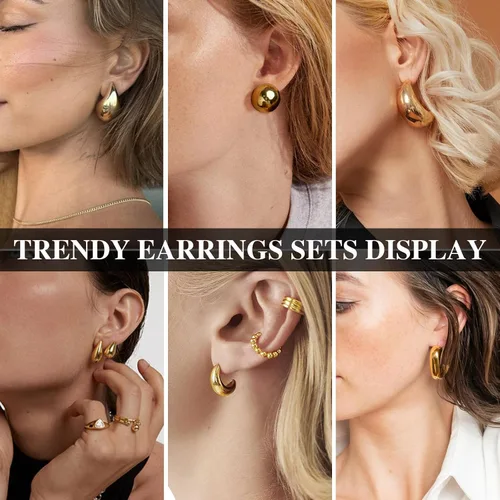 Miniatura 3 de LOUMILEO 6 Pairs Chunky Gold Hoop Earrings Set for Women 14K Gold Plated Teardrop Waterdrop Earrings Dupes Lightweight Hypoallergenic Gold Earrings
